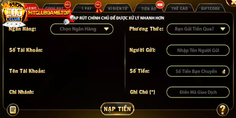 Nạp tiền vào tài khoản game HITCLUB bằng cách chuyển khoản ngân hàng