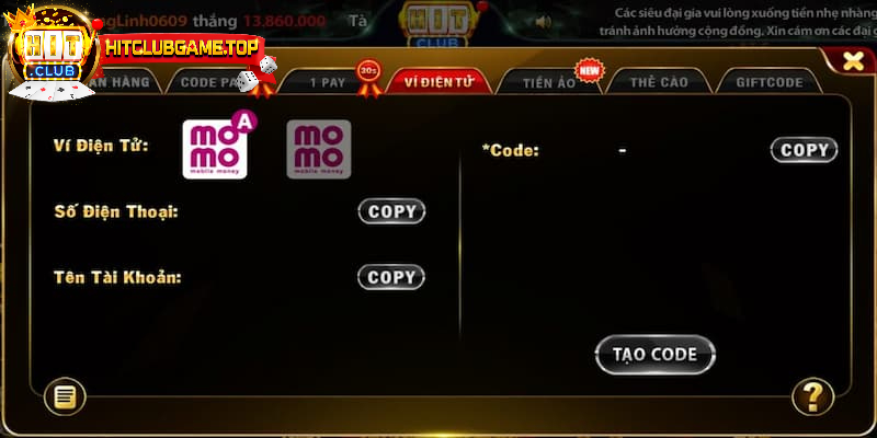 Nạp tiền vào tài khoản game bằng ví điện tử Momo