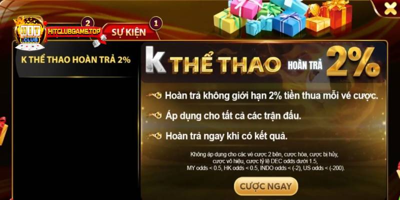 Hoàn trả cược trong thể thao 2%